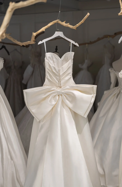 Modest Mermaid Sweetheart Satin Pleated Off White Wedding Dress With Bow Long Bridal Gown Wedding Gowns RB1211