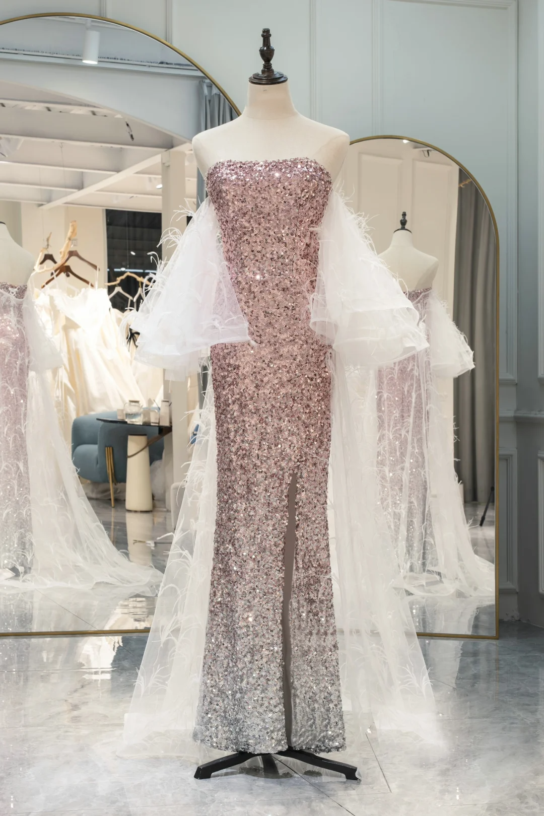Sexy Mermaid Strapless Pink Silver Sequins Slit Long Prom Dresses Inspiration Party Dress Graduation Dress RB1214