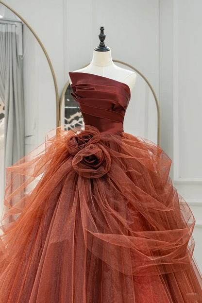 Cute Strapless Ball Gown Dusty Red Floral Tulle Long Quinceanera Dress Birthday Dresses Sweet 15 16 Dress RB1215