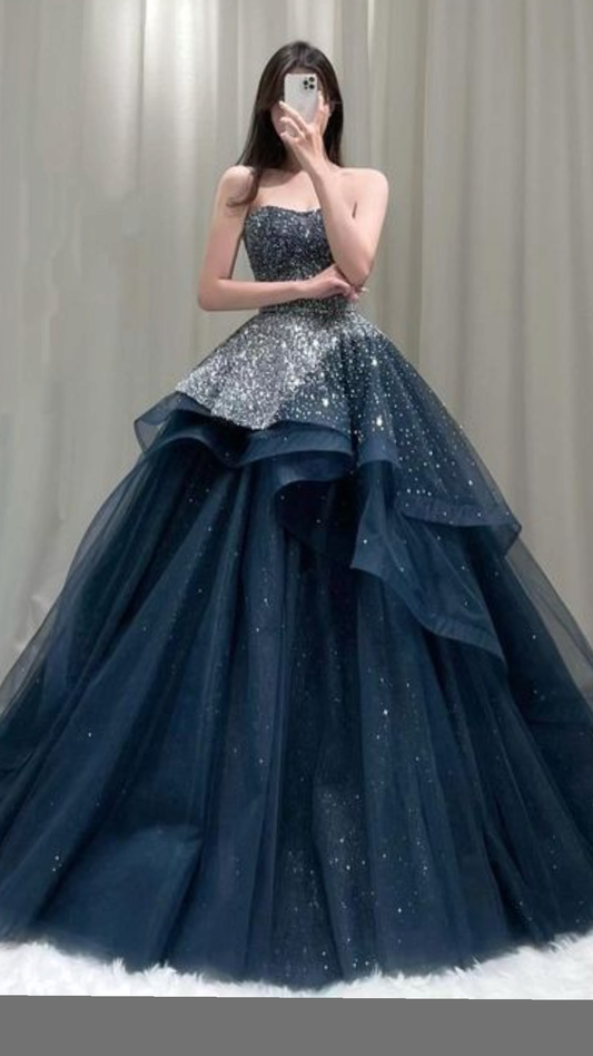 Luxury Quinceanera Dresses Ball Gown Strapless Tulle Navy Blue Birthday Gowns Vestidos De 15 Anos Long Sweet 16 Dress RB1216
