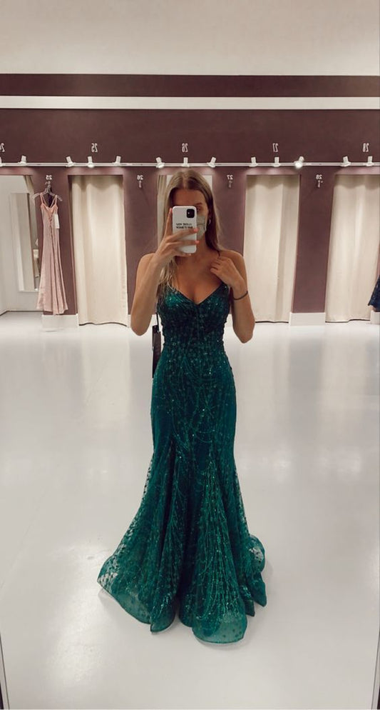 Classy Mermaid Spaghetti Straps Green Sequins Prom Dresses Long 18th Birthday Outfit High School Dance Party Dress RB1223