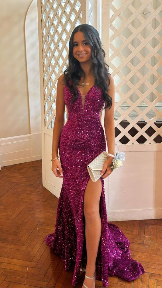 Classy Mermaid Spaghetti Straps Fuchsia Slit Prom Dresses Long 18th Birthday Outfit High School Dance Party Dress RB1227