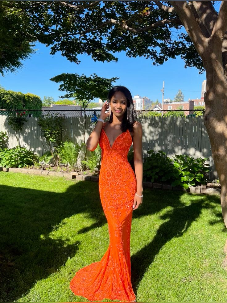 Hot Girl Mermaid Spaghetti Straps Orange Sequin Prom Dresses Long 18th Birthday Outfit High School Dance Party Dress RB1232