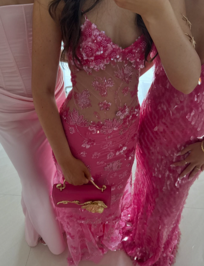 Sexy Mermaid Spaghetti Straps Pink Floral Sequin Prom Dresses Long 18th Birthday Outfit High School Dance Party Dress RB1235