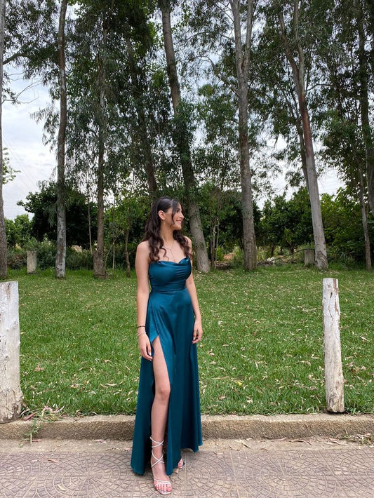 Sexy A line Spaghetti Straps Teal Slit Long Prom Dress Inspiration Party Senior Dance Prom Dresses RB1236