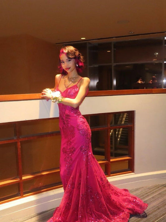 Sexy Mermaid Spaghetti Straps Hot Pink Lace Sequin Prom Dresses Long 18th Birthday Outfit High School Dance Party Dress RB1236