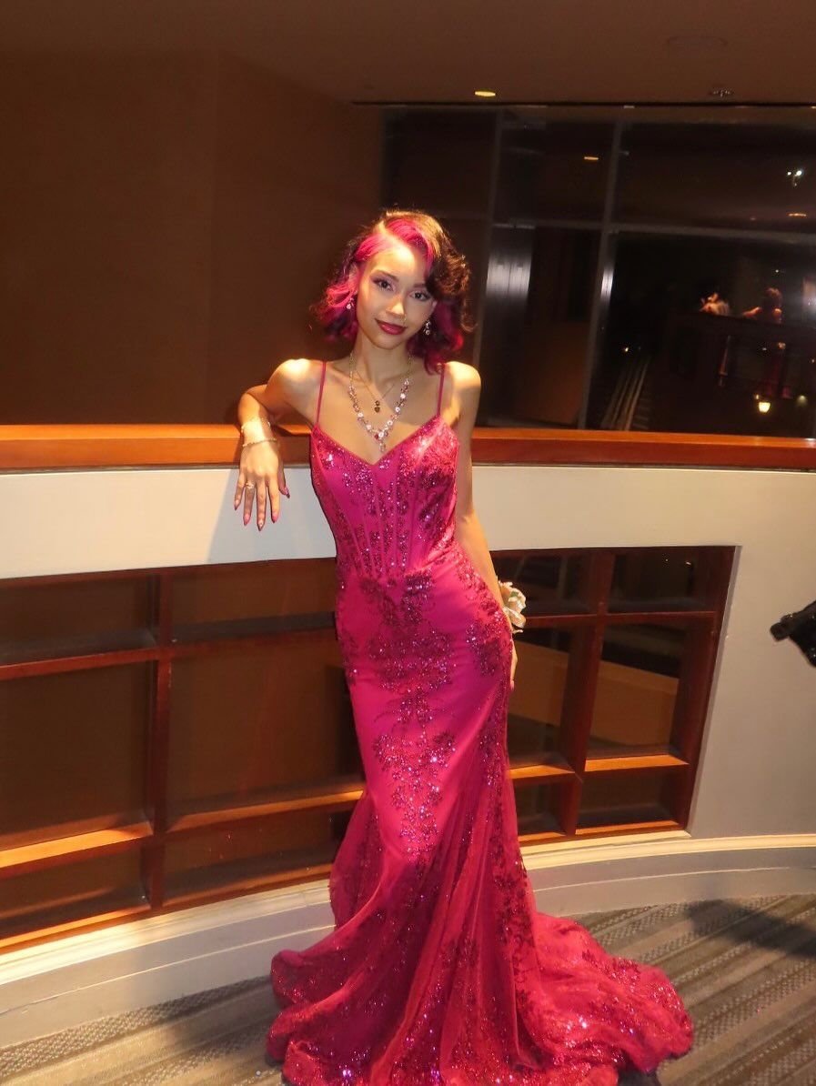Sexy Mermaid Spaghetti Straps Hot Pink Lace Sequin Prom Dresses Long 18th Birthday Outfit High School Dance Party Dress RB1236