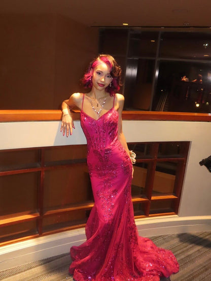 Sexy Mermaid Spaghetti Straps Hot Pink Lace Sequin Prom Dresses Long 18th Birthday Outfit High School Dance Party Dress RB1236