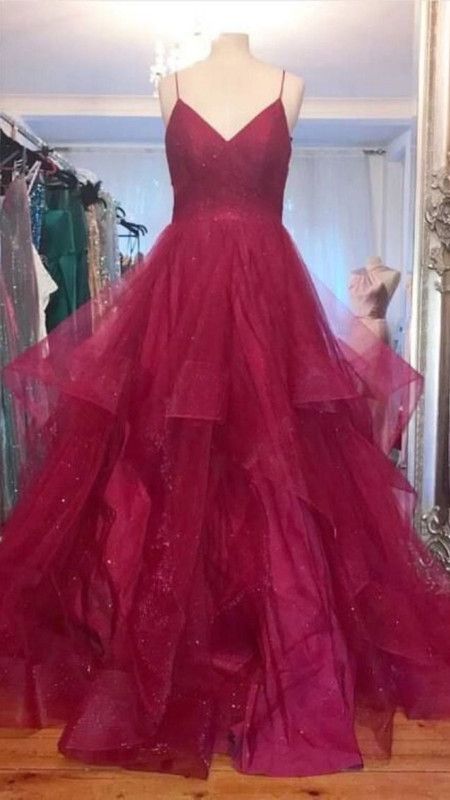 Elegant Ball Gown Spaghetti Straps Burgundy Tulle Prom Dresses Long Party Dress 18th Birthday Outfit Graduation Dress RB1237