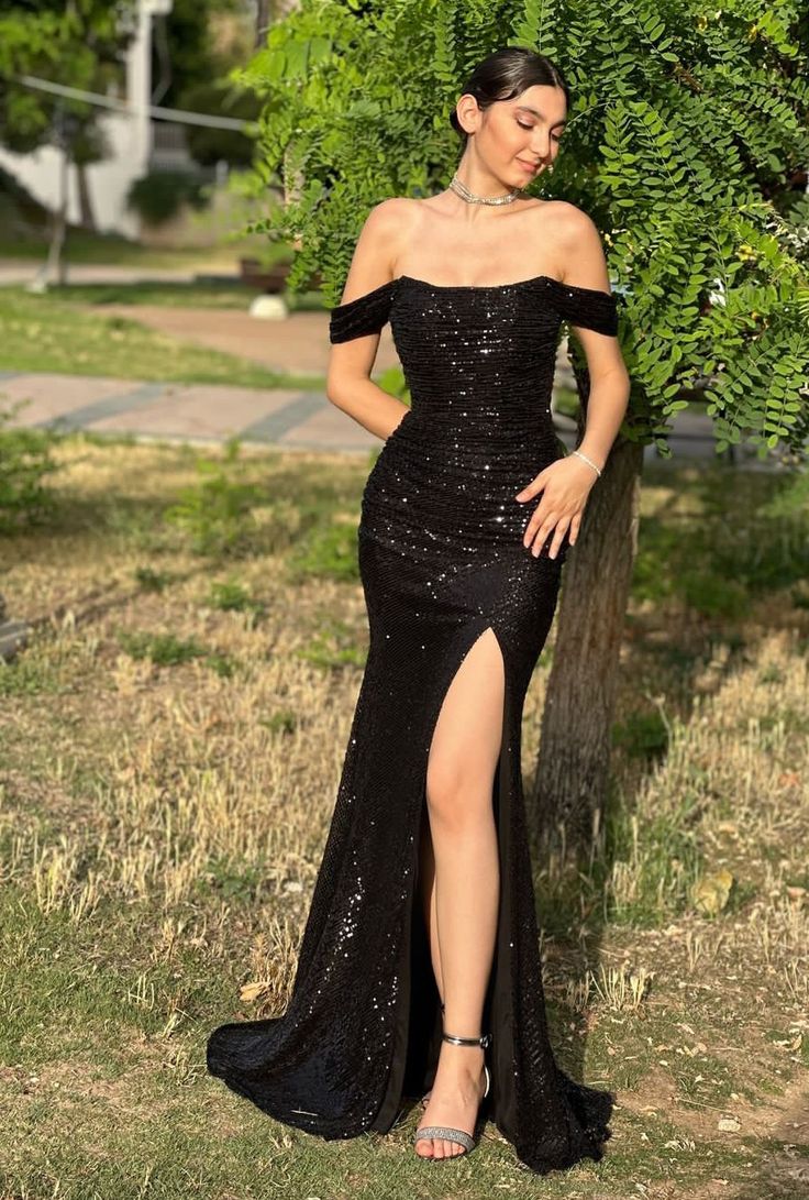Shinning Mermaid Off The Shoulder Black Sequins Prom Dresses Long 18th Birthday Outfit Senior High School Dance Party Dress RB1238