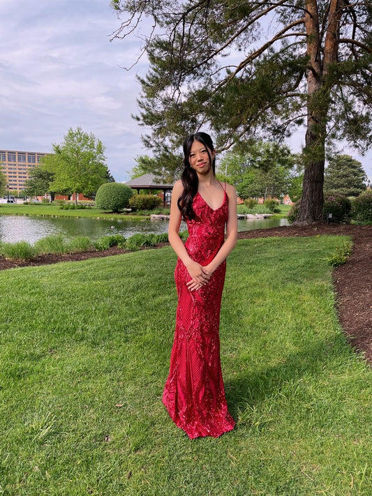 Sexy Mermaid Spaghetti Straps Red Sequin Prom Dresses Long 18th Birthday Outfit High School Dance Party Dress RB1241