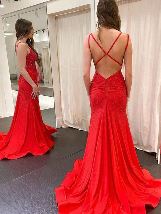 Modest Trendy Mermaid Spaghetti Straps Navy Blue Sequins Prom Dresses Style Long Senior High School Dance Party Dress RB1177