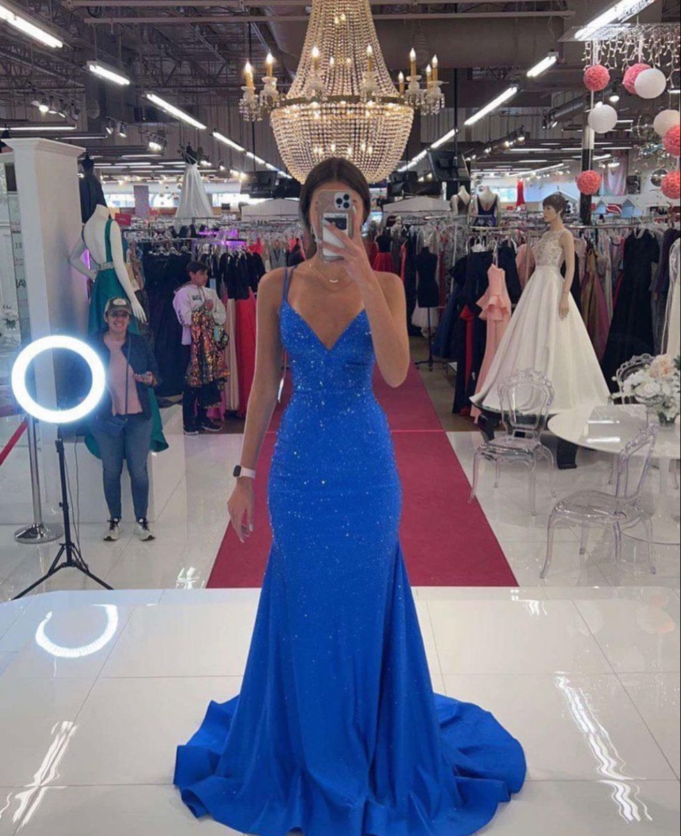 Sexy Mermaid Spaghetti Straps Royal Blue Sequins Prom Dresses Long 18th Birthday Outfit High School Dance Party Dress RB1242