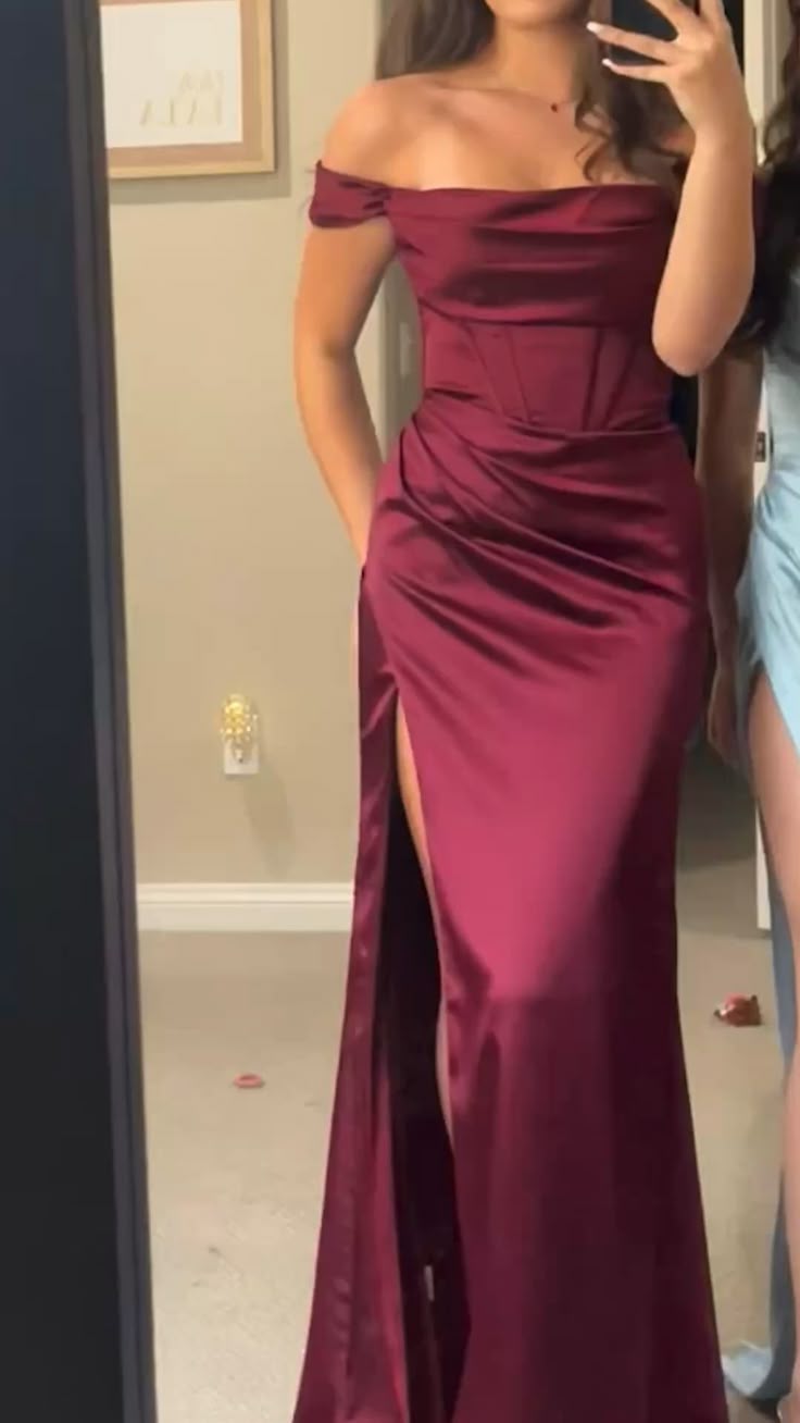 Simple Mermaid Off The Shoulder Burgundy Slit Prom Dresses Long 18th Birthday Outfit Senior High School Dance Party Dress RB1245
