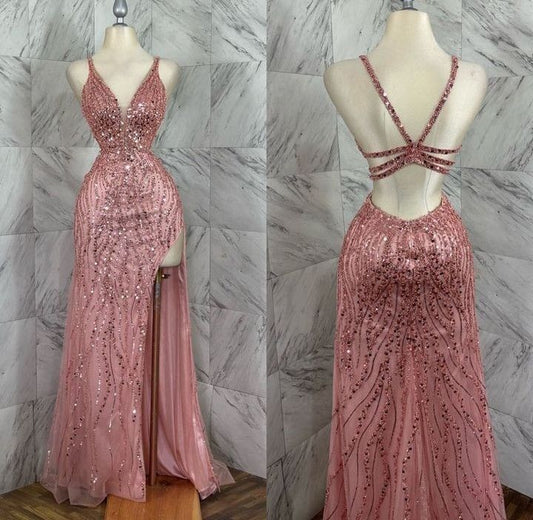 Sexy Mermaid Spaghetti Straps Pink Sequins Slit Long Prom Dress Inspiration Party Senior Dance Prom Dresses RB1247