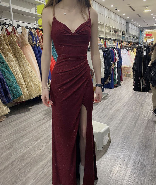 Sexy Mermaid Spaghetti Straps Burgundy Slit Sequin Prom Dresses Long 16th Birthday Outfit High School Dance Party Dress RB1250