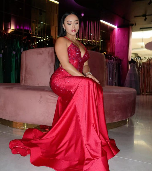 Sexy Mermaid Spaghetti Straps Red Satin Slit Long Glitter Junior Prom Dresses Inspiration Party Dress Graduation Gown RB1273