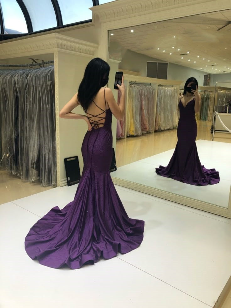 2026 New Mermaid Spaghetti Straps Grape Sequin Long Prom Dresses Inspiration Party Dress Graduation Gown RB1276