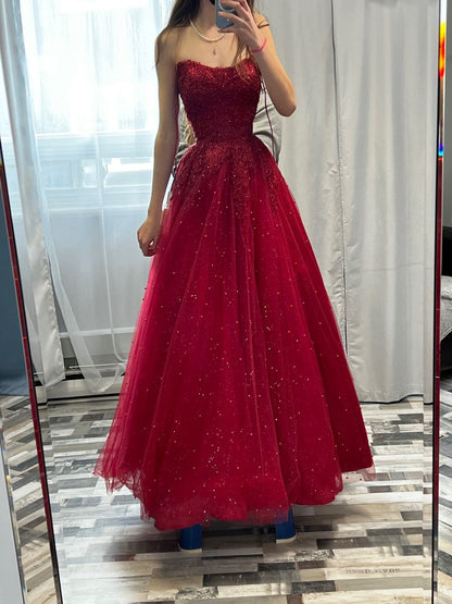 Gorgeous Ball Gown Strapless Burgundy Lace Long Junior Prom Dresses Inspiration Party Dress Prom Gown RB1284