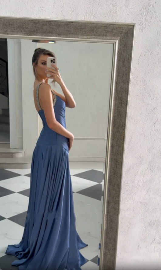 Vintage Mermaid Spaghetti Straps Blue Chiffon Long Prom Dresses Inspiration Prom Gown RB1294