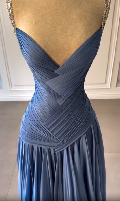 Vintage Mermaid Spaghetti Straps Blue Chiffon Long Prom Dresses Inspiration Prom Gown RB1294