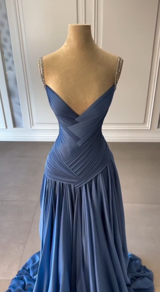 Vintage Mermaid Spaghetti Straps Blue Chiffon Long Prom Dresses Inspiration Prom Gown RB1294