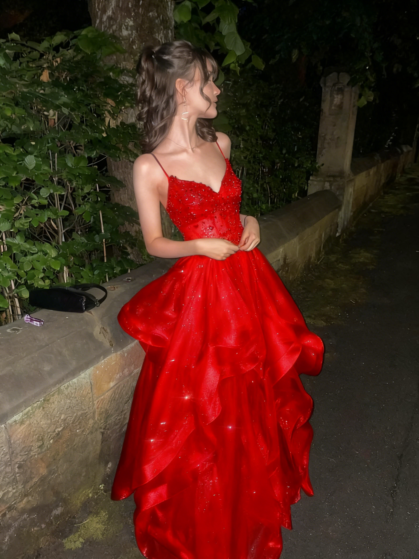 Modest long A line sweetheart dark burgundy sequins prom dress Formal Party Gown AB478