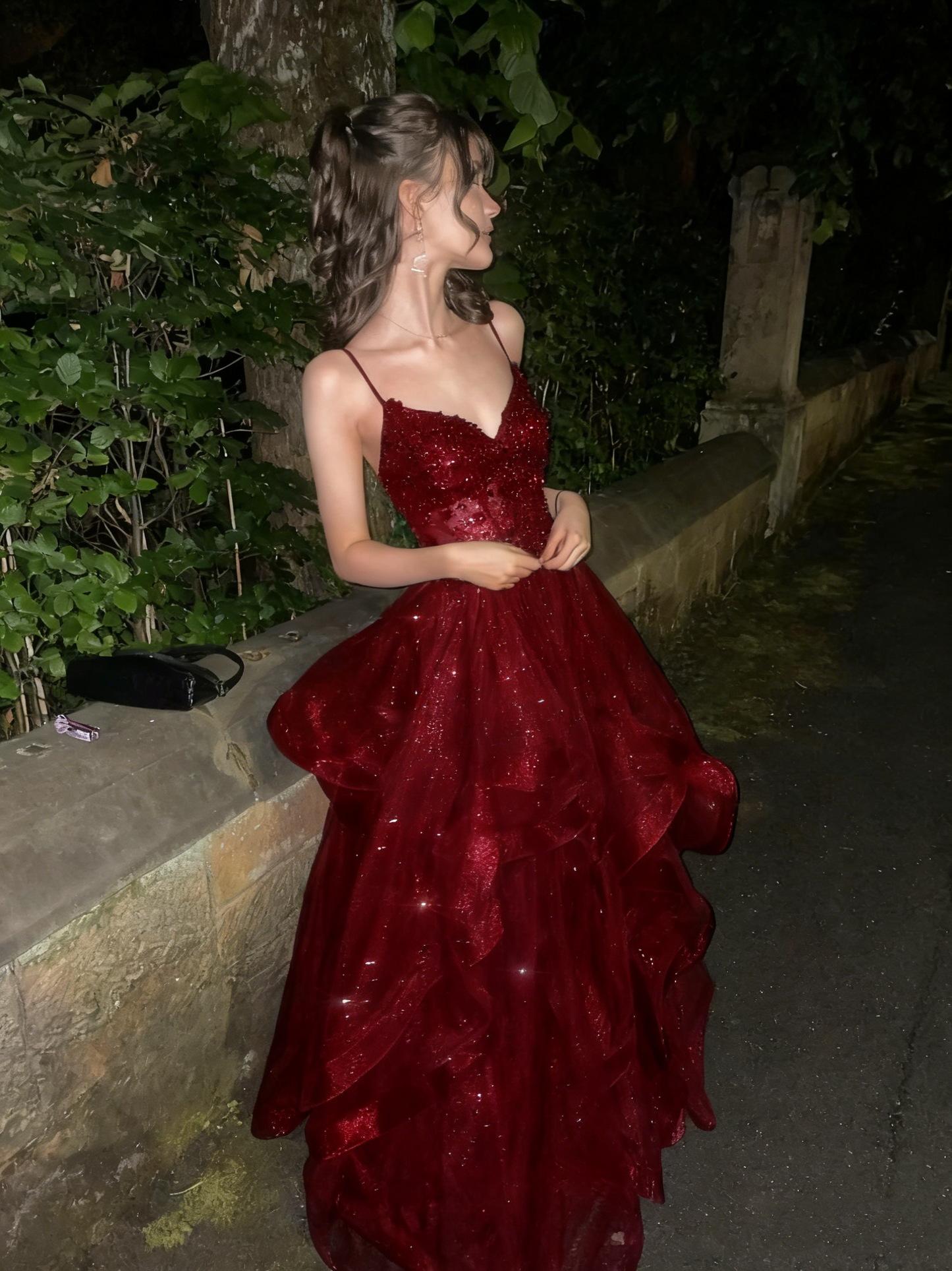 Modest long A line sweetheart dark burgundy sequins prom dress Formal Party Gown AB478