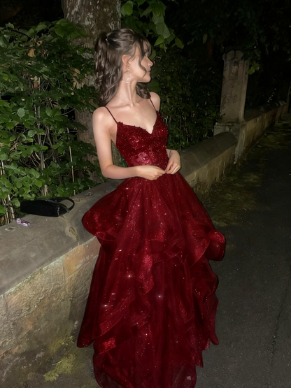 Modest long A line sweetheart dark burgundy sequins prom dress Formal Party Gown AB478
