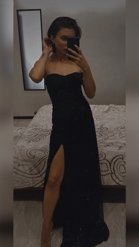 Shinning Mermaid Sweetheart Black Sequin Split Long Prom Dresses Inspiration Prom Gown RB1296