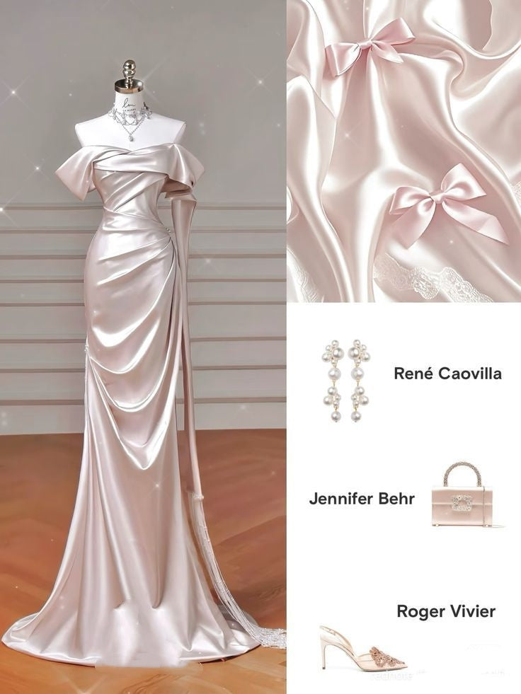 Simple Mermaid Off The Shoulder Light Pink Satin Pleated Prom Dresses Long Party Dress Prom Gowns RB1297