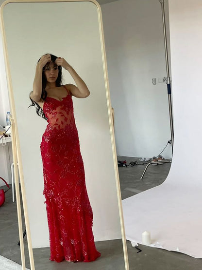 Amazing Mermaid Spaghetti Straps Red Sequin Long Prom Dresses Inspiration Party Dress Prom Gown RB1302