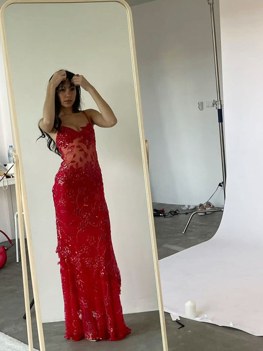 Amazing Mermaid Spaghetti Straps Red Sequin Long Prom Dresses Inspiration Party Dress Prom Gown RB1302