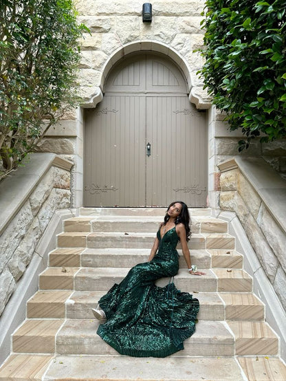 Beautiful Mermaid Spaghetti Straps Dark Emerald Green Sequin Slit Long Prom Dresses Inspiration Prom Gown RB1304