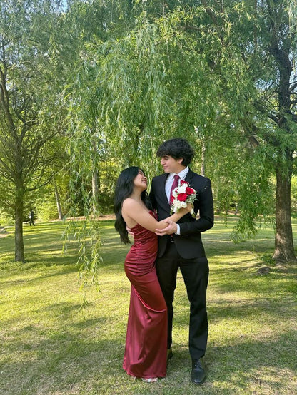 Unique Mermaid Strapless Burgundy Satin Prom Dresses Long Party Dress Birthday Outfits Prom Gown RB1307
