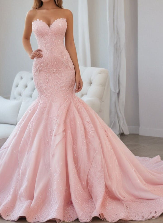 Unique Mermaid Sweetheart Pink Lace Prom Dresses Long Party Dress Birthday Outfits Prom Gown RB1310