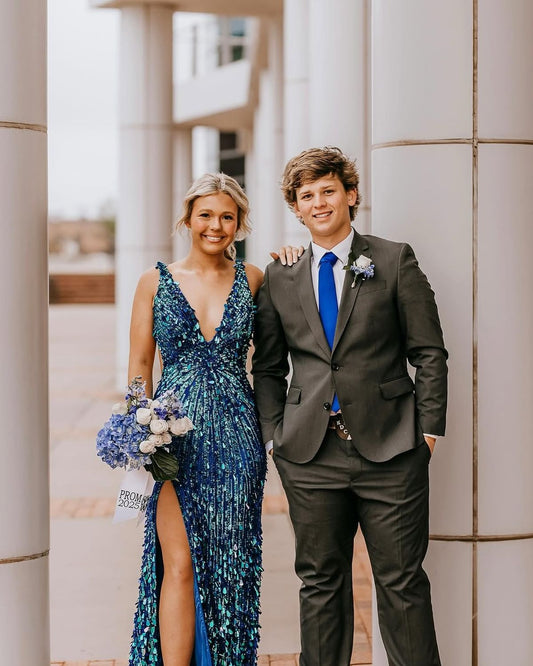 Sexy Mermaid V Neck Blue Sequin Beads Split Long Prom Dresses Inspo Prom Gown RB1311