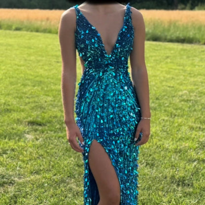 Sexy Mermaid V Neck Blue Sequin Beads Split Long Prom Dresses Inspo Prom Gown RB1311