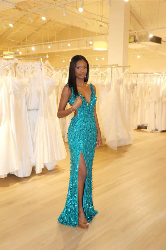 Sexy Mermaid V Neck Blue Sequin Beads Split Long Prom Dresses Inspo Prom Gown RB1311