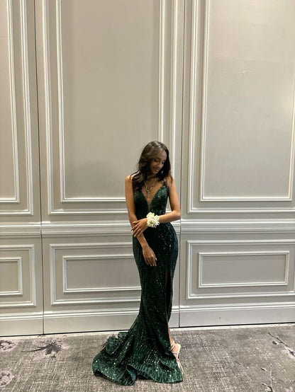 Beautiful Mermaid Spaghetti Straps Dark Emerald Green Sequin Slit Long Prom Dresses Inspiration Prom Gown RB1304