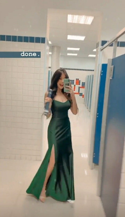 Cheap Mermaid Spaghetti Straps Dark Green Slit Satin Long Prom Dresses Inspiration Prom Gowns RB1318