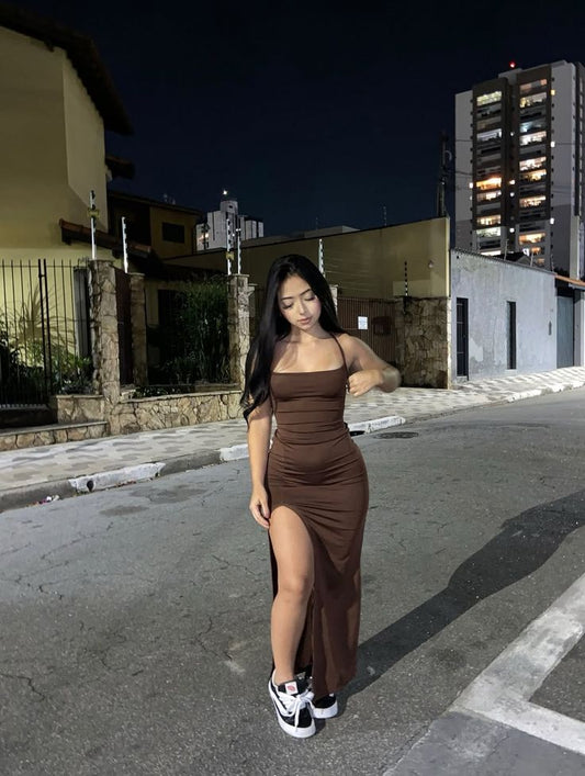 Cheap Mermaid Halter Brown Slit Satin Long Prom Dresses Inspiration Prom Gowns RB1320