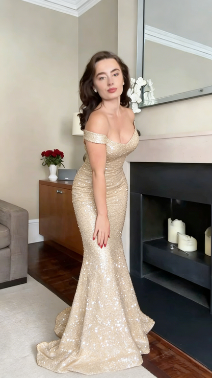 Exquisite Mermaid Off The Shoulder Red Sequins Prom Dresses Long Party Dress 18th Birthday Outfit Prom Gowns RB1323