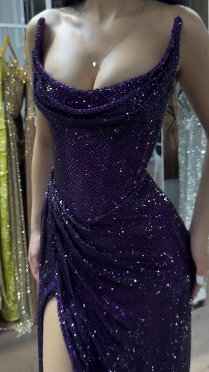 Unique Mermaid Strapless Dark Purple Sequin Split Prom Dresses Long Party Dress Birthday Outfits Prom Gown RB1329