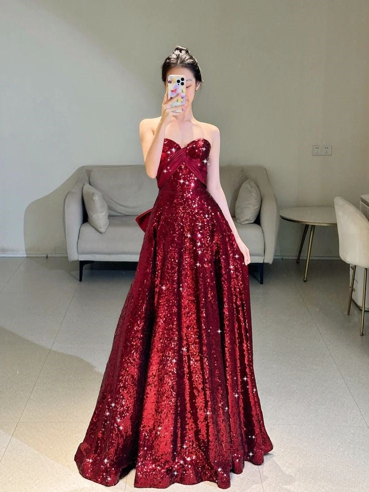 New Arrival A Line Sweetheart Sleeveless Sequin Long Prom Dresses Inspo Prom Gown RB1330