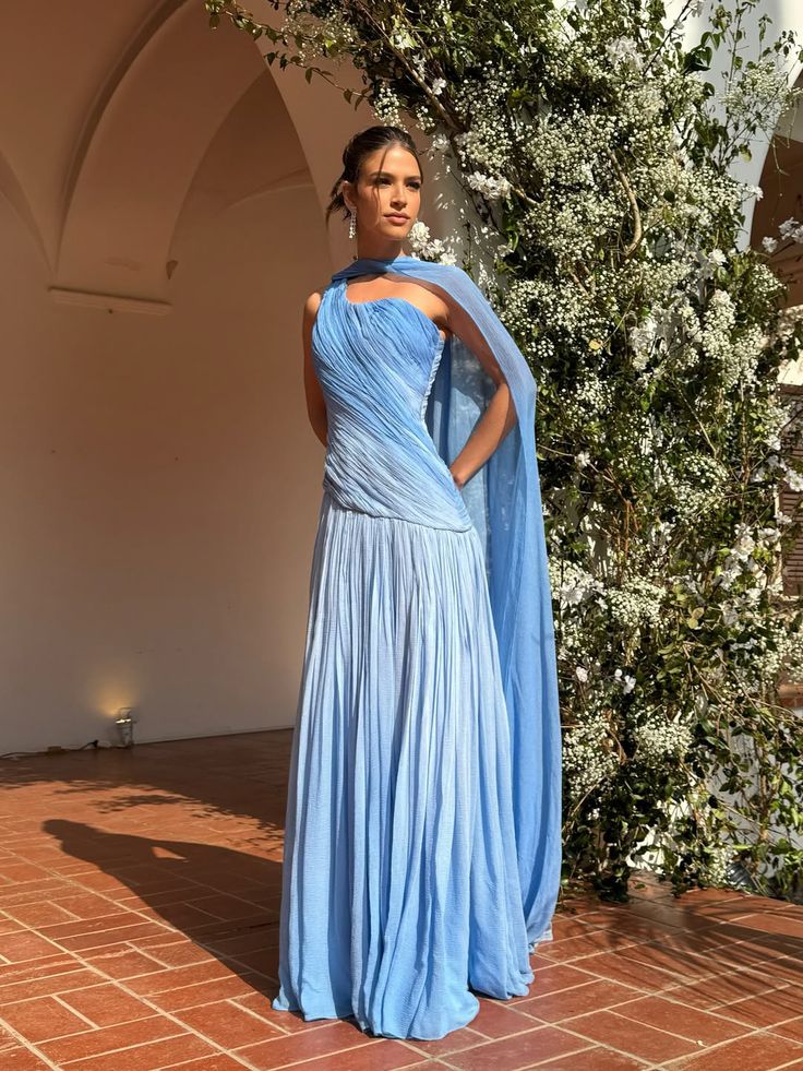 Pretty Mermaid One Shoulder Blue Pleated Sleeveless Chiffon Long Prom Dresses Inspo Prom Gown RB1333