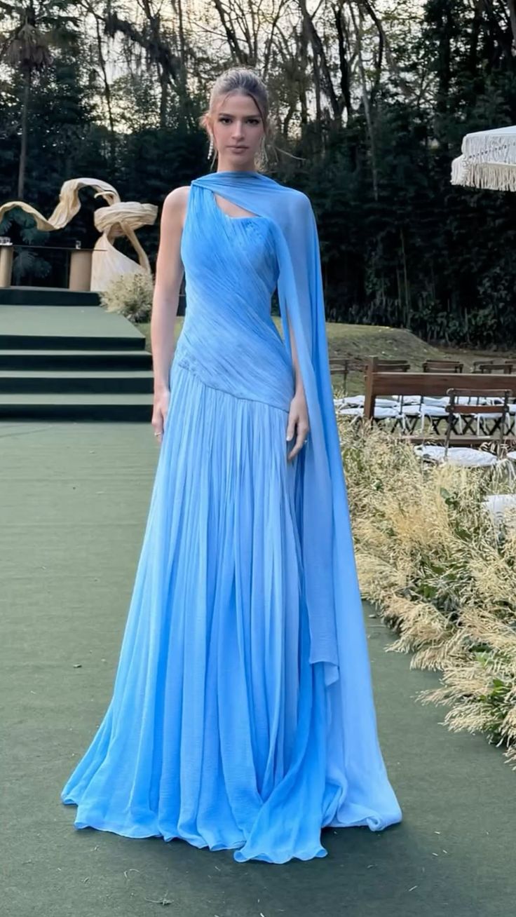 Pretty Mermaid One Shoulder Blue Pleated Sleeveless Chiffon Long Prom Dresses Inspo Prom Gown RB1333