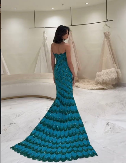 Exquisite Mermaid Strapless Blue Sequins Prom Dresses Long Party Dress 18th Birthday Outfit Prom Gowns RB1339