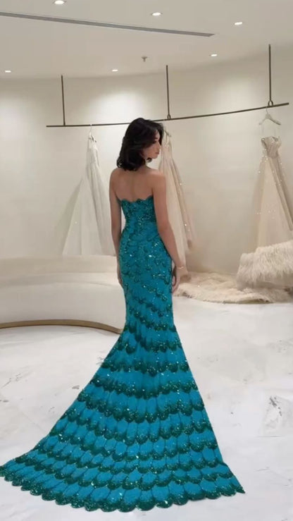 Exquisite Mermaid Strapless Blue Sequins Prom Dresses Long Party Dress 18th Birthday Outfit Prom Gowns RB1339