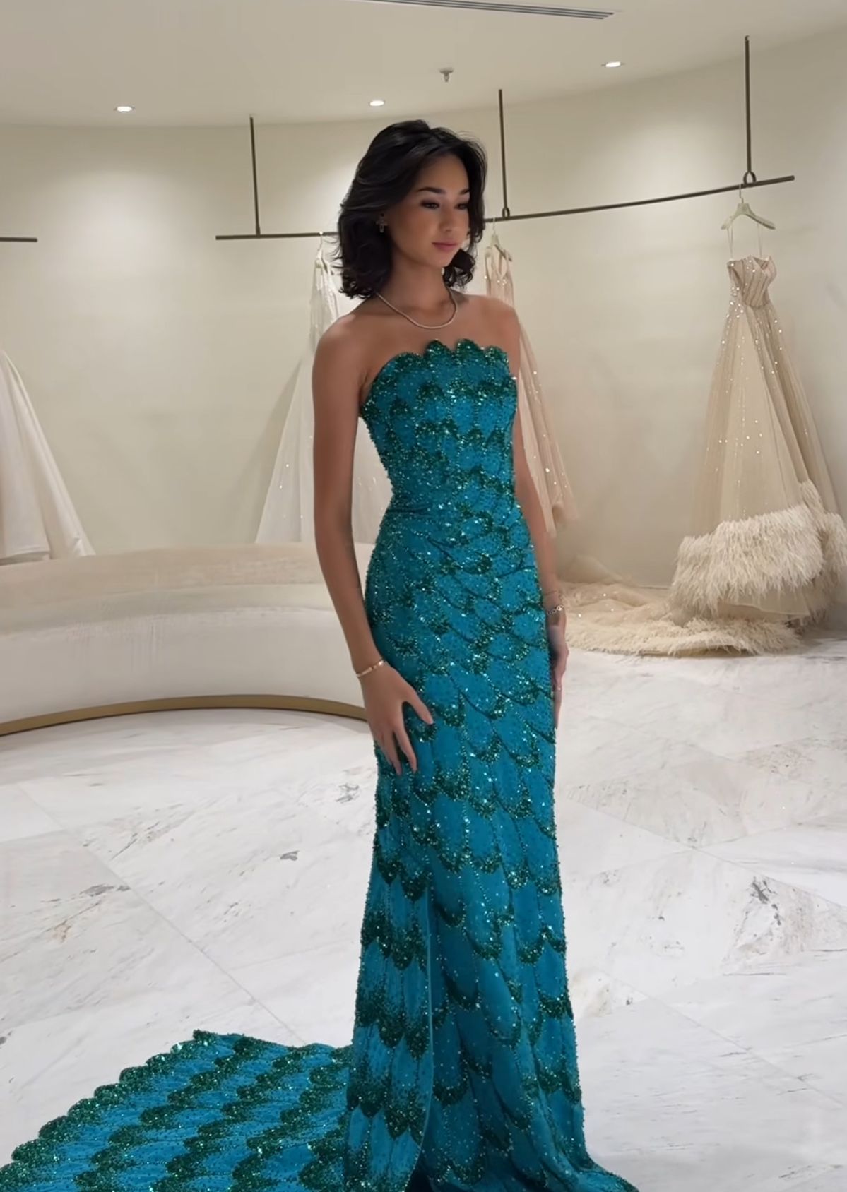 Exquisite Mermaid Strapless Blue Sequins Prom Dresses Long Party Dress 18th Birthday Outfit Prom Gowns RB1339